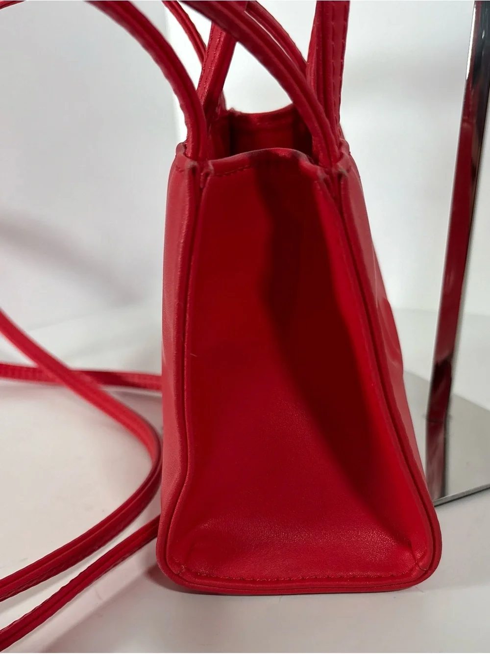 Telfar Red Vegan Leather Small Shopping Bag with Embossed Logo - Picture 6 of 10